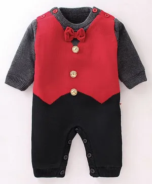 Yellow Apple Acrylic DC Full Sleeves Winter Wear Romper With Bow-   Red