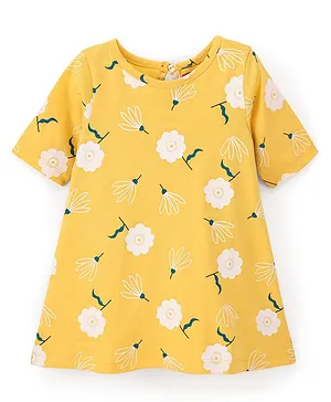 Babyhug Cotton Knit Half Sleeves Floral Printed Nighty - Yellow