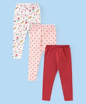 Babyhug Cotton Lycra Full Length Leggings Floral Print Pack of 3 - White Pink & Red