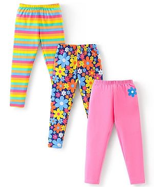 Babyhug Cotton Lycra Full Length Stretchable Legging Stripes & Floral Print Pack Of 3 - Pink Blue & Yellow
