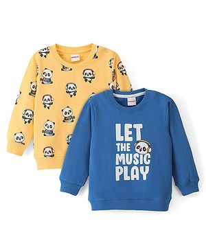 Babyhug Cotton Knit Full Sleeves Panda & Text Graphics Sweatshirts Pack of 2 - Blue & Yellow