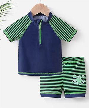 Babyhug Half Sleeves Two Piece Striped Swimsuit - Navy Blue
