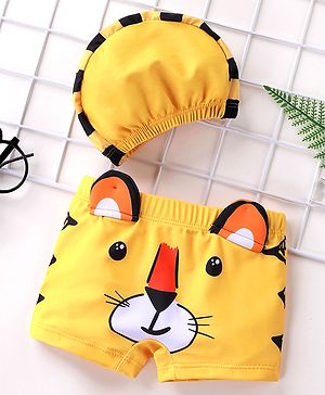 Babyhug Swimming Trunks with Cap Tiger Print - Yellow