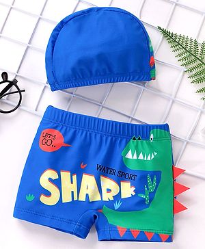 Babyhug Swimming Trunks with Cap Shark Print - Blue