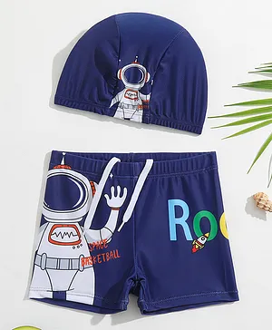 Babyhug Swimming Trunks with Cap Astronaut Print - Blue
