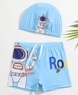 Babyhug Swimming Trunks with Cap Astronaut Print - Blue
