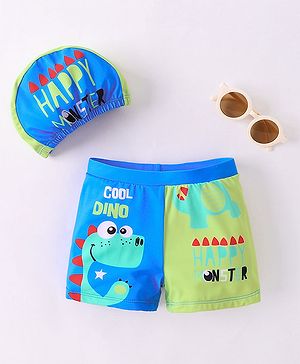 Babyhug Swimming Trunks with Cap Dino Print - Yellow & Blue