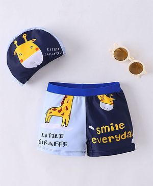 Babyhug Swimming Trunks with Cap Giraffe Print - Navy Blue