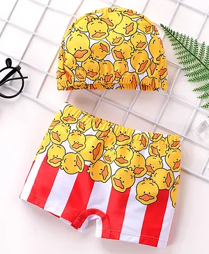 Babyhug Swimming Trunks with Cap Canary Print - Yellow