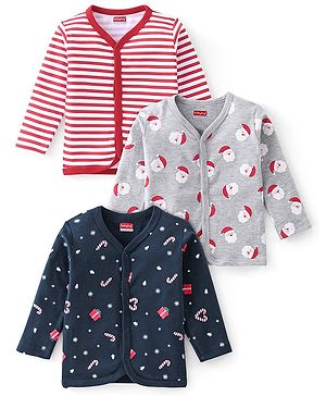 Babyhug 100% Cotton Full Sleeves Vests Striped & Christmas Theme Print Pack Of 3 - Grey Red & Blue
