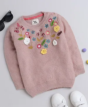 Yellow Apple Wool Full Sleeves Pullover Sweater Floral Design - Peach