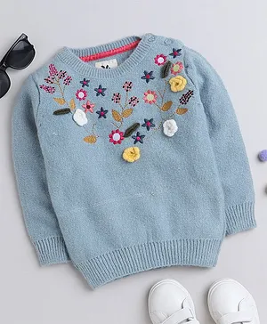 Yellow Apple Wool Full Sleeves Pullover Sweater Floral Design - Sky Blue