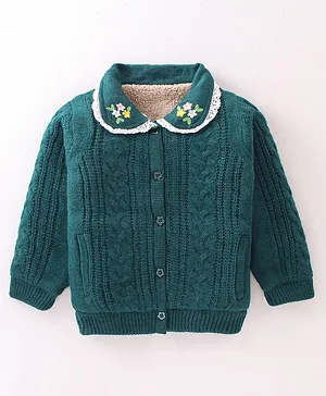 Yellow Apple Acrylic (DC) Full Sleeves Front Open Sweater with Floral Embroidered & Lace Collar -  Teal