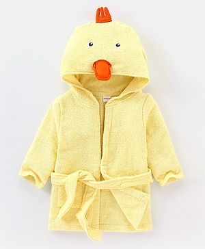 Babyhug Terry Woven Full Sleeves Hooded Bath Robe With Duck Patch- Yellow