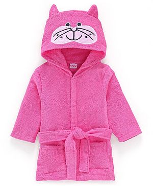 Babyhug Terry Woven Full Sleeves Hooded Bath Robe With Cat Patch-  Pink