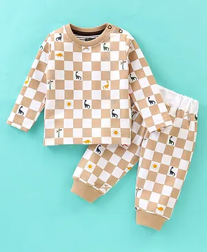 Mini Taurus Cotton Full Sleeves Night Suits With Checks - Brown