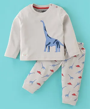 Mini Taurus Cotton Full Sleeves Sleep Suit Dino Print - Beige