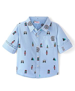 Babyhug Cotton Full Sleeve Regular Collar London Printed Shirt - Blue