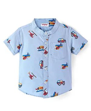 Babyhug Cotton Woven Half Sleeves Mandarin Collar Oxford Printed Shirt - Blue
