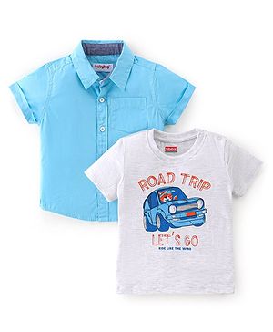 Babyhug Cotton Knit Half Sleeves Solid Shirt with Road Print T-Shirt - Blue & Grey