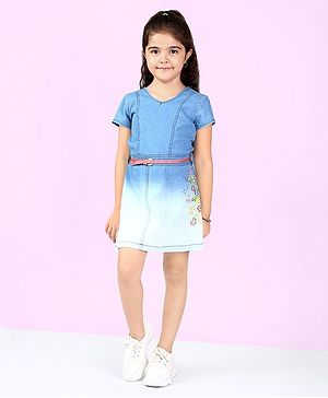 Naughty Ninos Half Sleeves Floral Embroidered Colour Gradient A Line Dress - Blue