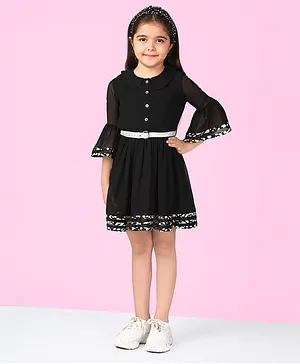 Naughty Ninos Three Fourth Bell Sleeves Solid Fit & Flare Dress - Black