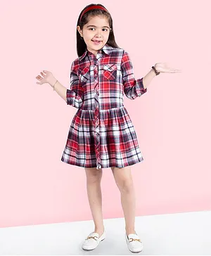 Naughty Ninos Three Fourth Sleeves Checkered Fit & Flare Shirt Dress - Red & White