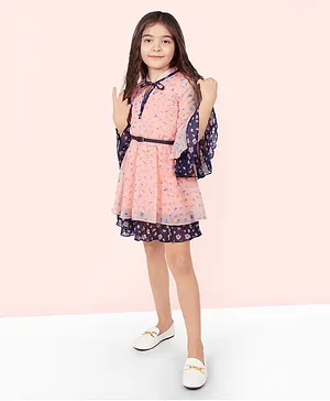 Naughty Ninos Three Fourth Bell Sleeves  Floral Printed Tie Up Neck Layered Fit And Flare Dress - Pink & Navy Blue