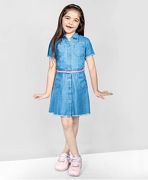 Naughty Ninos Half Sleeves Solid A Line Shirt Dress - Blue