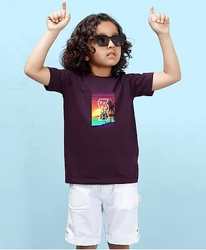 NUSYL Half Sleeves  Paradise Text Printed And Beach Theme Printed  T Shirt - Wine