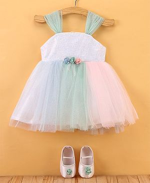 Bluebell Sleeveless Sequined Party Frock with Bootie - Green White & Pink