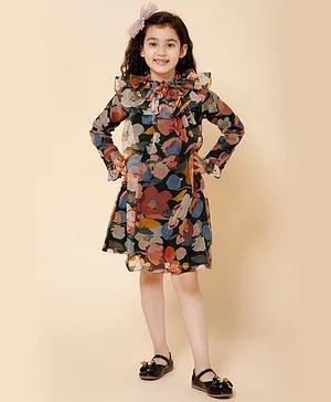 Piccolo Full Bell Sleeves Floral Printed Frill Neck LIne Detailed Dress - Multi Colour