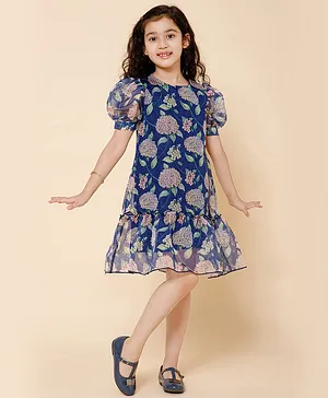 Piccolo Half Puffed Sleeves Floral Printed  Gathered Dress - Blue