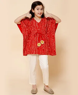 Piccolo Half Batwing Sleeves Seamless Bandhej Designed Kaftan Kurta With Pant - Red & Cream