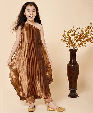 Piccolo Sleeveless Pleated Flared One Shoulder Kurta With Floral Swirl Designed Brocade Pant - Brown