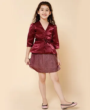 Piccolo Three Fourth Sleeves Solid Front Tie Up Top With Shimmer Skirt - Wine Pink