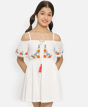 Natilene Off Shoulder Floral Embroidered Tie-Up Detail Gathered Fit & Flared Dress - White