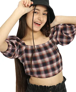 Natilene Half Sleeves Checked Blouson Pure Cotton Crop Top - Navy Blue