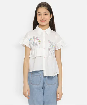 Natilene Half Sleeves Floral Embroidered Crepe Shirt Style Top - White