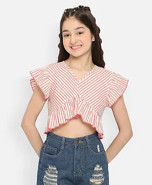 Natilene Pure Cotton Half Sleeves Pencil Striped Frill Hem Detailed Crop Top - Off White