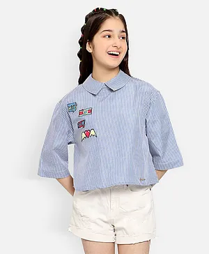 Natilene Girls Third Fourth Sleeves Railroad Striped With Heart & Camera Embroidered Crop Top - Blue
