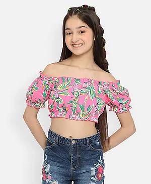 Natilene Off Shoulder Half Sleeves Abstract Forest Leaf Printed Crop Top - Pink
