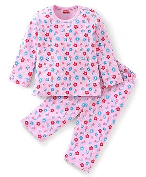 Babyhug Cotton Knit Full Sleeves Night Suit With Floral Print - Pink