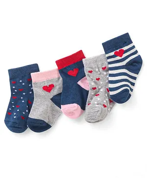 Cute Walk by Babyhug Anti-Bacterial Ankle Length Striped & Heart Design Socks Pack of 5 - Multicolour