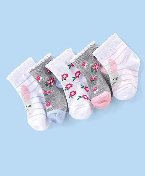 Cute Walk by Babyhug Cotton Knit Anti-Bacterial Ankle Length Striped & Floral Design Socks Pack of 5 - Grey & Pink