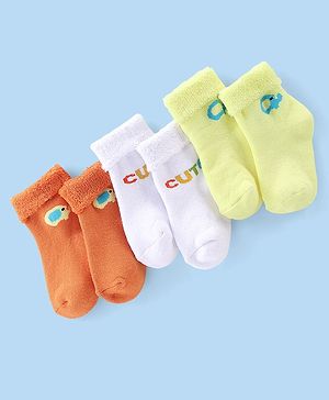 Cute Walk by Babyhug Terry Knit Anti Bacterial Ankle Length Elephant Design Socks Pack of 3 - Multicolour