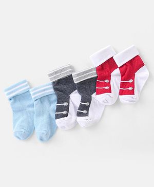 Cute Walk by Babyhug Cotton Knit Anti-Bacterial Ankle Length Solid & Lace Design Socks Pack of 3 - Red Blue & Black