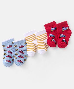 Cute Walk by Babyhug Cotton Knit Anti-Bacterial Ankle Length Cars & Striped Design Socks Pack of 3 - Red & Blue