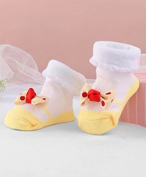 Cute Walk by Babyhug Ankle Length Sock Shoes With Bow Applique - Light Yellow