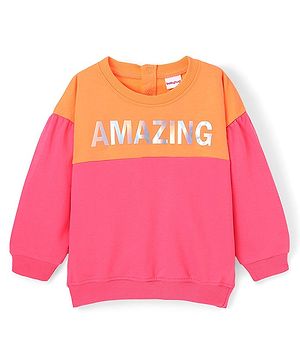Babyhug Cotton Knit Full Sleeves Sweatshirt With Holographic Foil Print - Pink & Orange